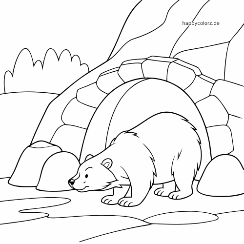 Ein einfacher gezeichneter Bär steht vor dem Eingang einer steinigen Höhle in einer bergigen Landschaft mit klaren Umrissen.