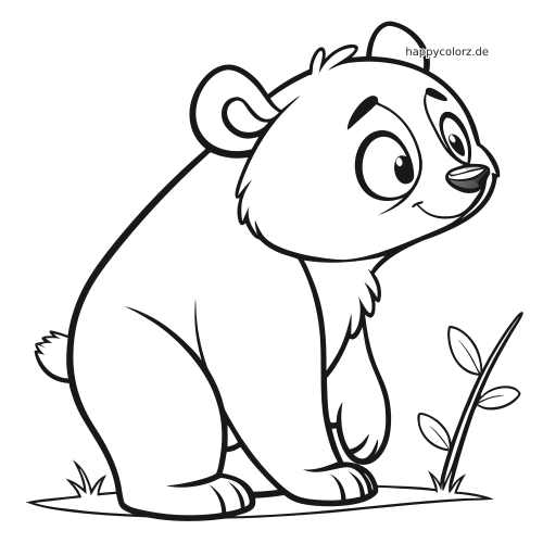 Ein Kawaii-Bär sitzt in Seitenansicht neben einer kleinen Pflanze mit Blättern, gezeichnet mit einfachen, kräftigen Umrissen.