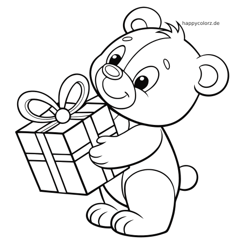 Ein Teddybär steht aufrecht und hält ein verpacktes Geschenk mit großer Schleife in einer einfachen Cartoon-Kontur.