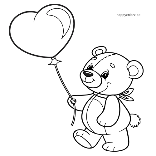 Ein Teddybär mit Halstuch hält einen großen herzförmigen Ballon in einer einfachen Cartoon-Umrisszeichnung.