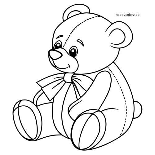 Ein sitzender Teddybär mit großer Schleife um den Hals, als einfache Cartoon-Zeichnung mit klaren Umrissen.