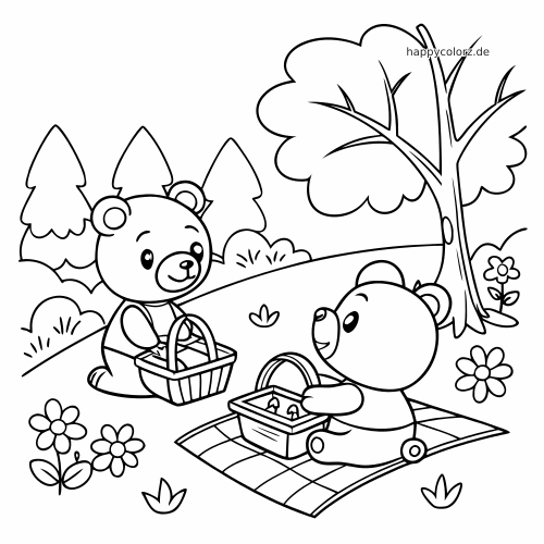 Zwei Teddybären machen ein Picknick im Freien mit Picknickkörben, Decke, Blumen, Bäumen und Wiese im einfachen Comicstil.