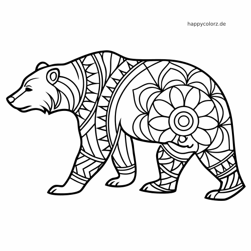 Schwarz-weißer Bär in Seitenansicht mit floralen und geometrischen Zentangle-Mustern für ein detailreiches Ausmalbild.