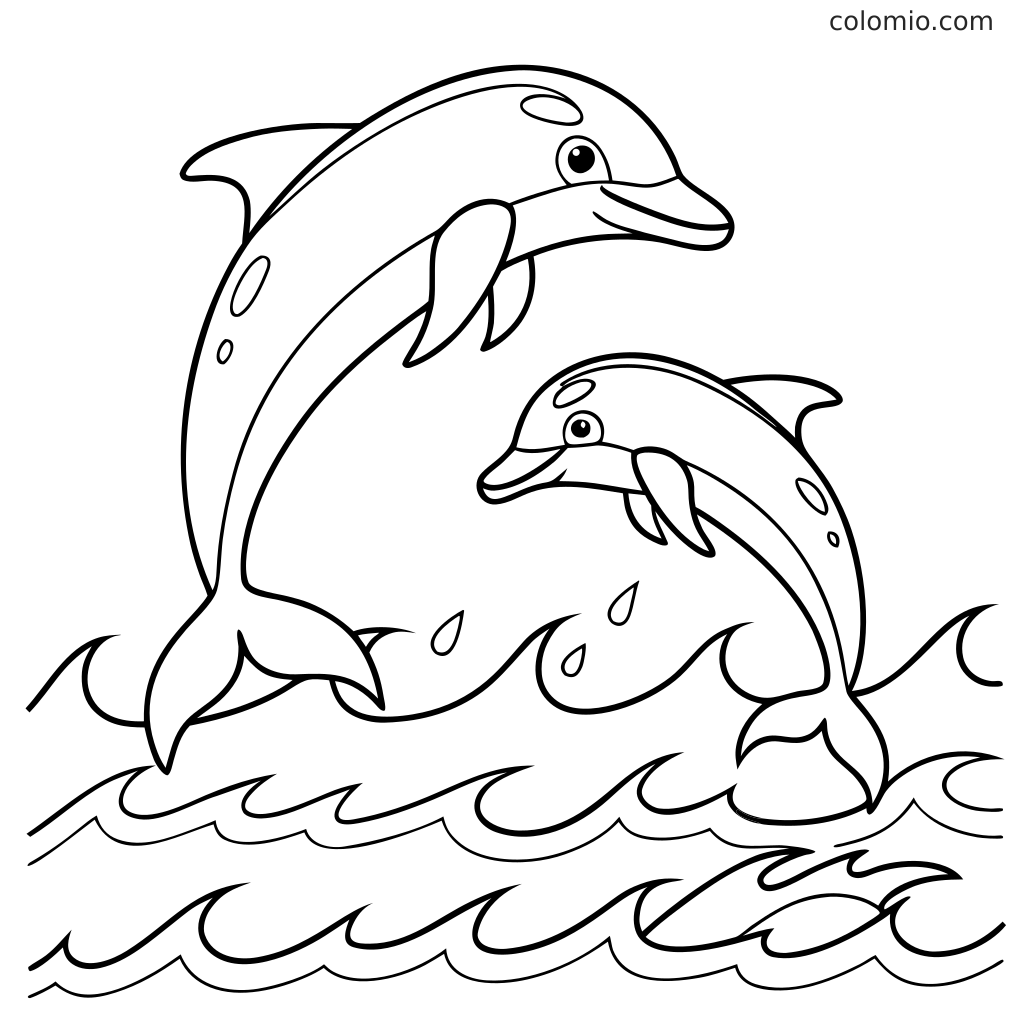 Zwei Delfine springen über Meereswellen in einer einfachen Ausmalseite mit Wasserspritzern und klaren Konturen.