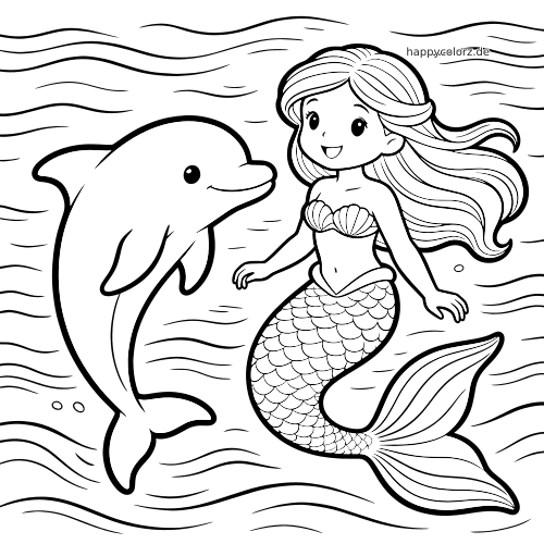 Ein freundlicher Delfin schwimmt unter Wasser neben einer lächelnden Meerjungfrau mit langen Haaren und Fischschwanz.