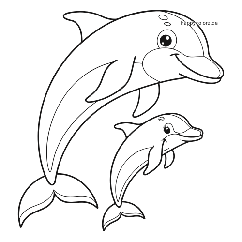 Cartoon-Ausmalbild mit einer lächelnden Delfinmutter und einem kleinen Delfinbaby mit großen Augen und runden Formen.
