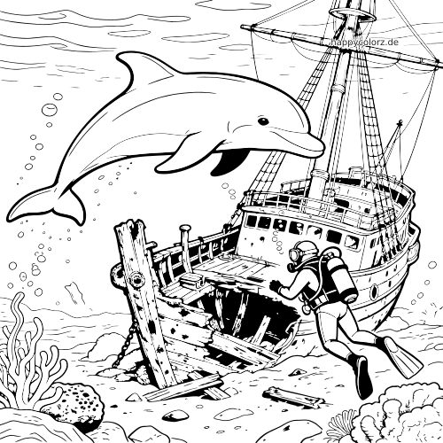 Ein Delfin schwimmt über einem Schiffswrack, während ein Taucher das gesunkene Schiff auf dem Meeresboden erkundet.