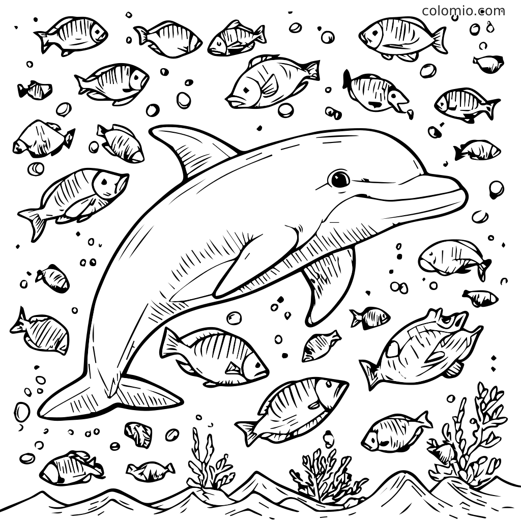 Ein Delfin schwimmt umgeben von verschiedenen Fischen und Blasen im Ozean, zum Ausmalen gestaltet.