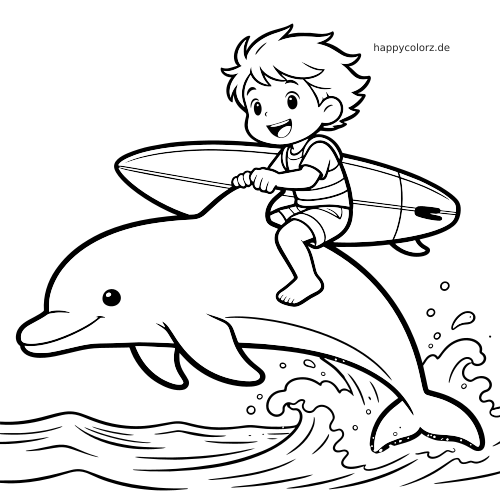 Ein lächelnder Delfin springt über die Wellen, während ein fröhliches Kind mit einem Surfbrett auf seinem Rücken sitzt.
