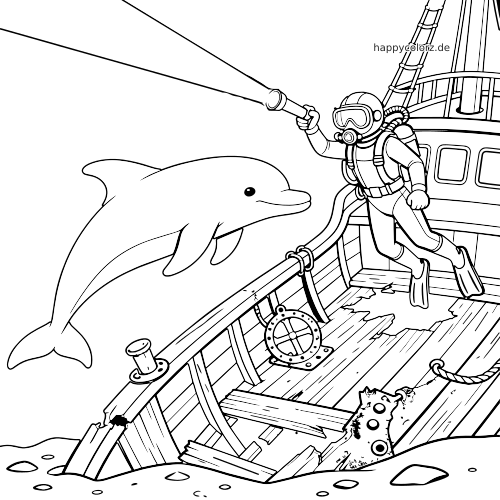 Ein lächelnder Delfin schwimmt neben einem Taucher, der mit einer Taschenlampe ein versunkenes Schiffswrack beleuchtet.
