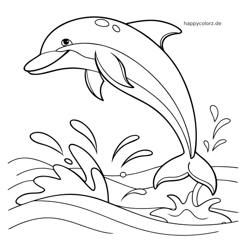 Ein Delfin springt über spritzendem Wasser, dargestellt als einfache schwarz-weiße Umrisszeichnung zum Ausmalen.