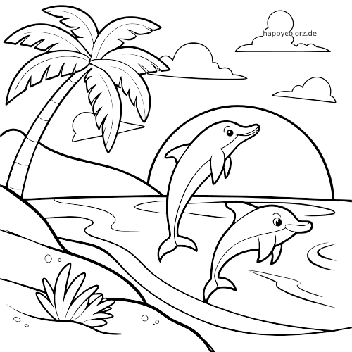 Zwei Delfine springen am Strand vor einem Sonnenuntergang, mit Palme, Wolken und einfachen Cartoon-Umrissen.