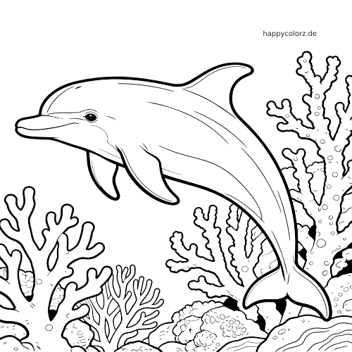 Ein detailreich gezeichneter Delfin schwimmt seitlich durch ein Korallenriff, umgeben von verzweigten Korallen und Felsen.