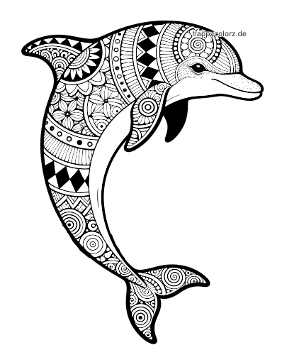 Ein Delfin im detailreichen Zentangle-Stil, dessen Körper mit dichten Blumen-, Spiral- und geometrischen Mustern gefüllt ist.