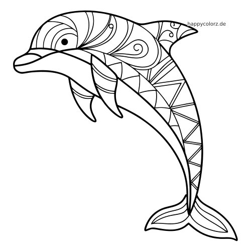 Ein Delfin mit geschwungenem Körper in einfachem Zentangle-Stil, mit kräftiger Kontur sowie Mustern aus Wirbeln und Formen.