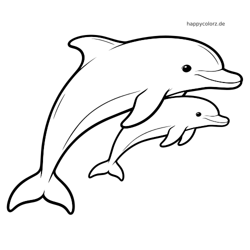 Ein einfaches Ausmalbild mit einer Delfinmutter, die neben ihrem Baby schwimmt, in klaren schwarzen Umrisslinien.