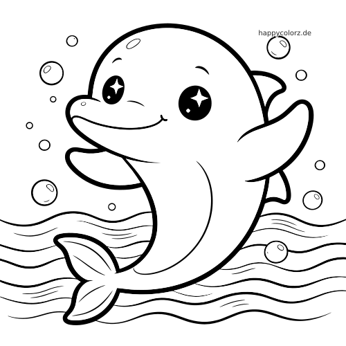 Ein Kawaii-Delfin mit großen funkelnden Augen schwimmt über welligen Wasserlinien und ist von mehreren Blasen umgeben.