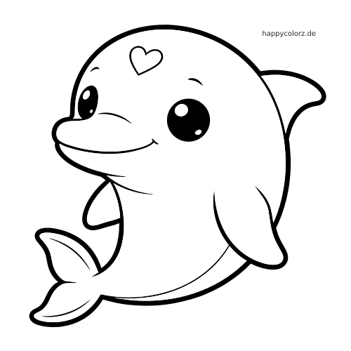 Ein Kawaii-Delfin mit großen Augen und einem kleinen Herz auf dem Kopf, gezeichnet im einfachen Comicstil.