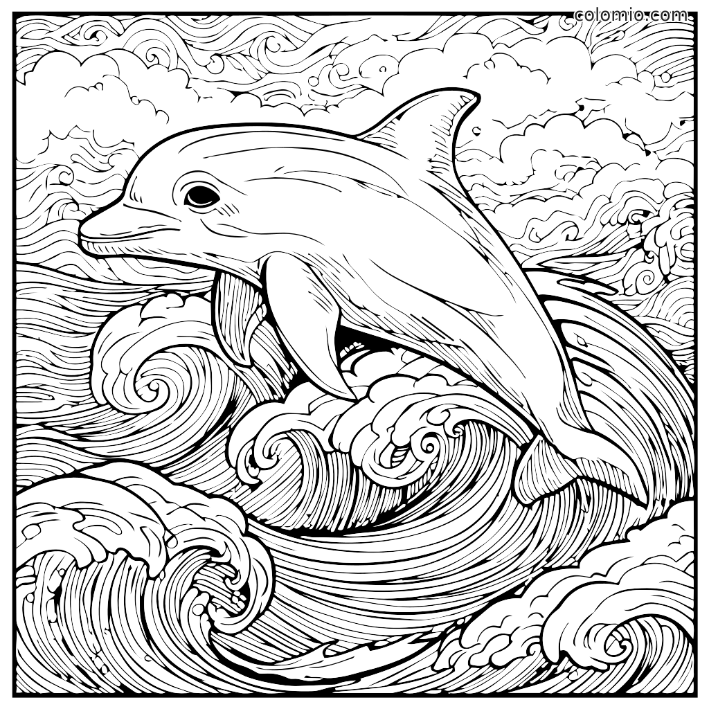 Ein Delfin springt durch wirbelnde Ozeanwellen, zum Ausmalen gestaltet.