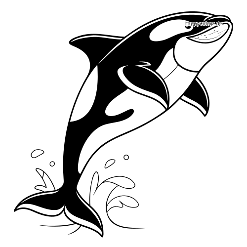 Schwarz-weiße Zeichnung eines springenden Orcas mit geschwungenem Körper und kleinen Wasserspritzern darunter.