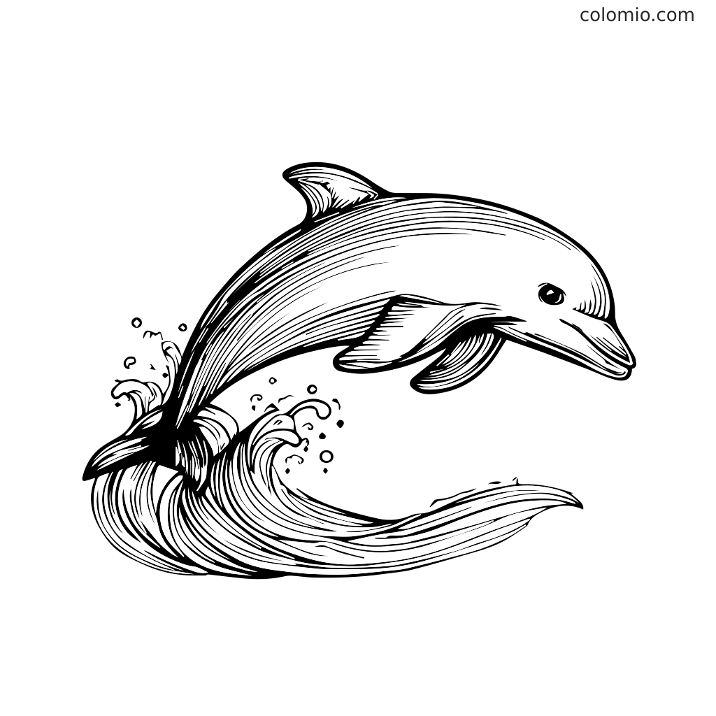 Ein Delfin springt aus dem Wasser, während Wellen um ihn spritzen, perfekt zum Ausmalen.