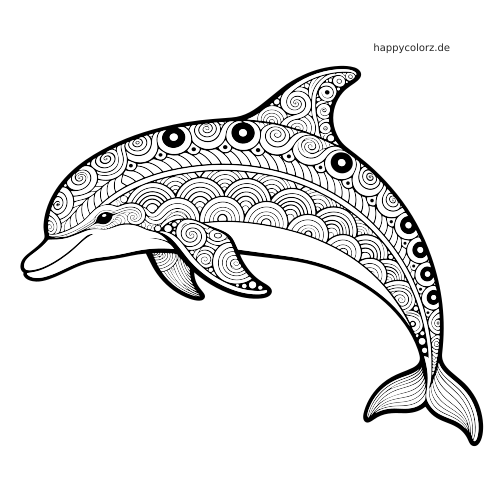 Schwarz-weißer springender Delfin mit Zentangle-Mustern aus Spiralen, Kreisen und dekorativen Flächen zum Ausmalen.