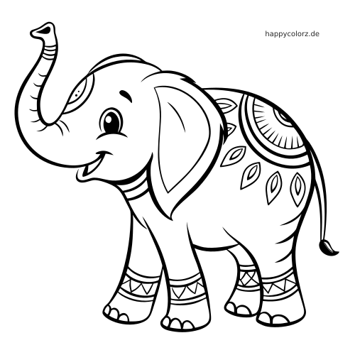 Ein Baby-Elefant mit erhobenem Rüssel und einfachen Verzierungen im indischen Stil auf Rücken und Beinen.