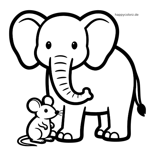 Ein einfacher schwarz-weißer Elefant steht neben einer kleinen Maus in einer kindgerechten Zeichnung zum Ausmalen.