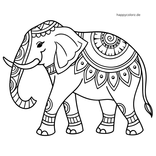 Ein verzierter indischer Tempel-Elefant in Seitenansicht mit ornamentalen Mustern auf Kopf, Rücken, Beinen und Rüssel.