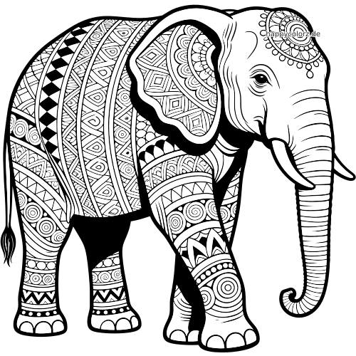 Schwarz-weißer Elefant in Seitenansicht mit detailreichen Zentangle-Mustern, geometrischen Bändern und verziertem Ohr.