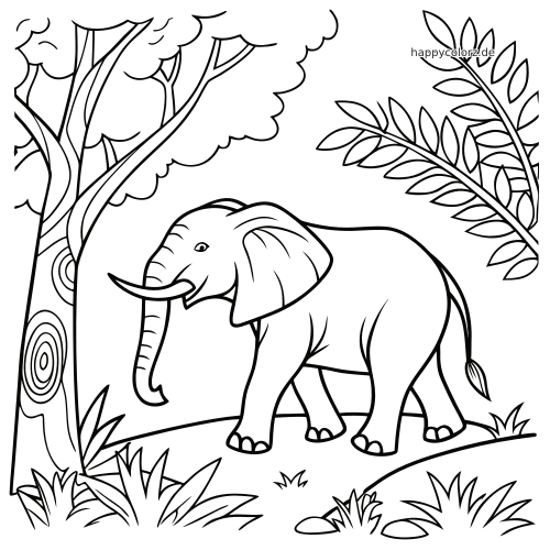 Ein einfacher Elefant steht auf einer Lichtung im Dschungel neben einem Baum, mit Blättern und Gras in klaren Cartoon-Konturen.