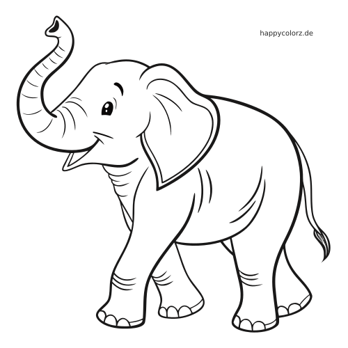 Ein einfacher Elefant in klarer Cartoon-Kontur mit großem Ohr und erhobenem Rüssel, ohne dekorative Muster.