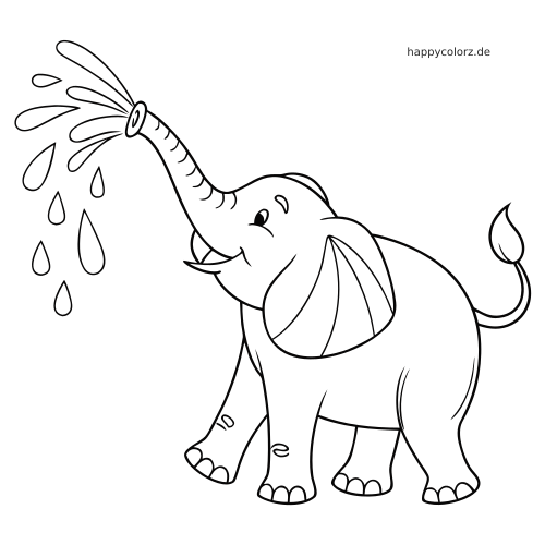 Ein einfacher Comic-Elefant steht mit erhobenem Rüssel da und spritzt Wassertropfen in einer klaren schwarz-weißen Umrisszeichnung.