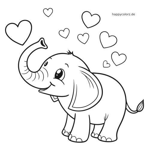 Ein gezeichneter Elefant mit erhobenem Rüssel, großen Ohren und mehreren schwebenden Herzen als schwarze Umrisszeichnung.