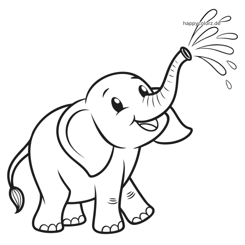Ein lächelnder kleiner Elefant mit großen Augen hebt den Rüssel und spritzt Wasser in einer einfachen Umrisszeichnung.