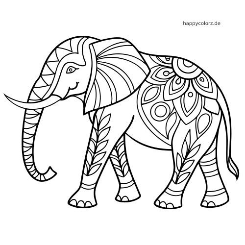 Schwarz-weißer Elefant mit indisch inspirierten Zentangle-Mustern, großem verziertem Ohr und floralen Motiven auf dem Körper.