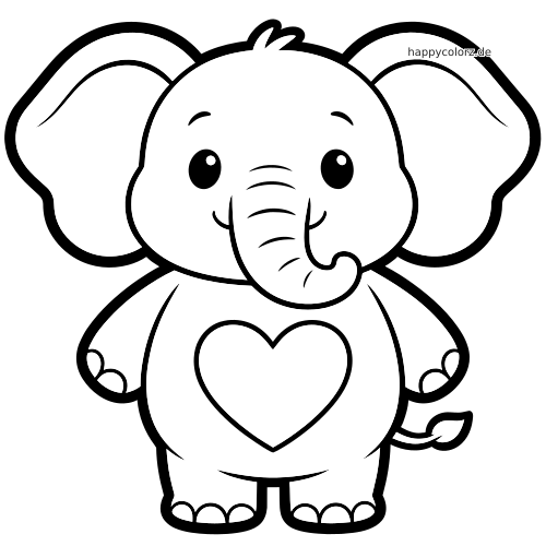 Ein frontaler Kawaii-Elefant mit großen Ohren und einem großen Herz auf dem Bauch in einfachen, dicken schwarzen Umrissen.