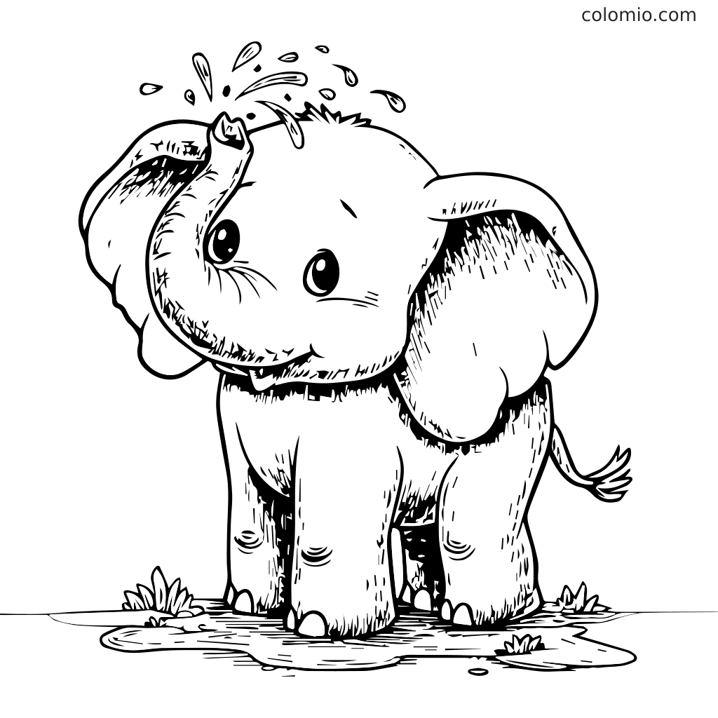Ein niedlicher Cartoon-Elefant, der mit seinem Rüssel Wasser spritzt, umgeben von Gras.