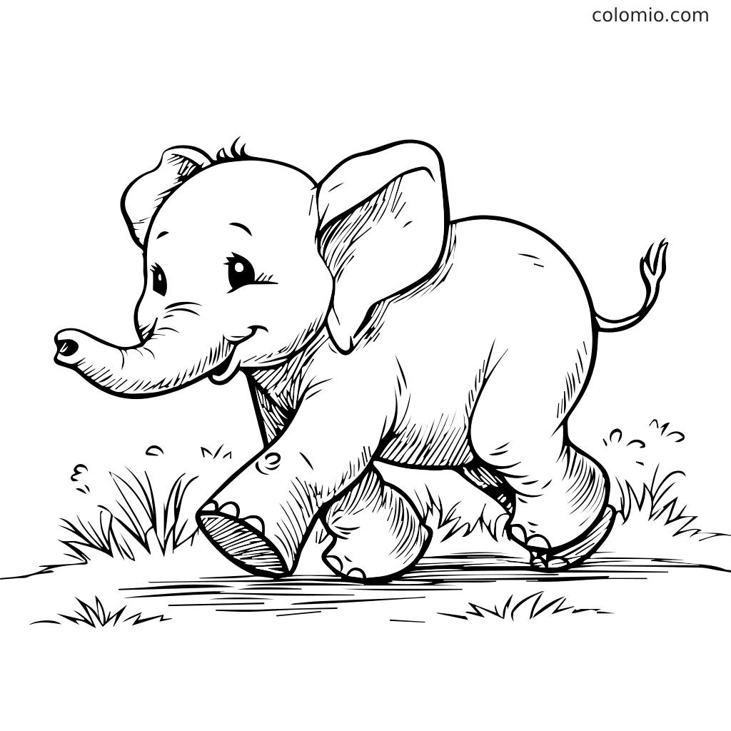 Niedliche Elefant Malvorlage zum Ausdrucken für Kinder Ein fröhlicher Cartoon-Elefant, der glücklich durch das Gras läuft, perfekt für eine Malaktivität.