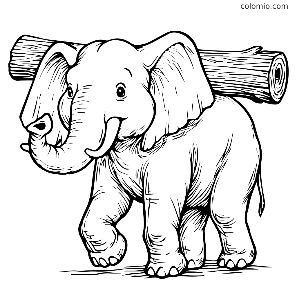 Ein fröhlicher Elefant, der einen Baumstamm auf dem Rücken trägt, perfekt für eine Malaktivität für Kinder.
