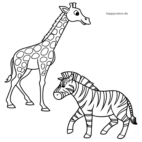 Eine Giraffe mit großen Flecken steht hinter einem laufenden Zebra in einer schwarz-weißen Comic-Zeichnung.