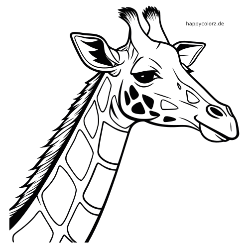 Detailliertes Porträt eines Giraffenkopfs in Seitenansicht mit Mähne, Hörnern, Flecken und feinen Linien.