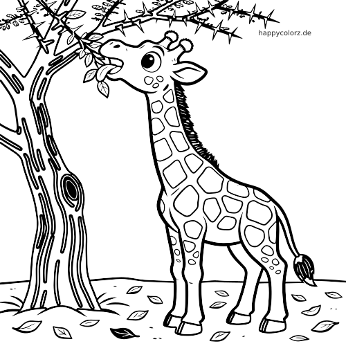 Eine Giraffe steht neben einem dornigen Akazienbaum und streckt den Kopf nach oben, um Blätter von einem Ast zu fressen.