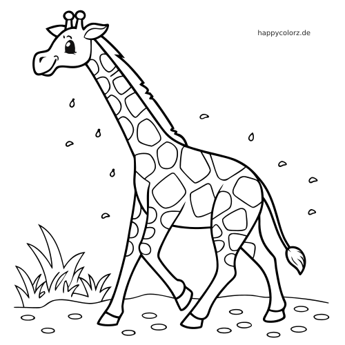 Eine Giraffe mit langem Hals und großen Flecken läuft in einer einfachen schwarz-weißen Umrisszeichnung neben Gras.