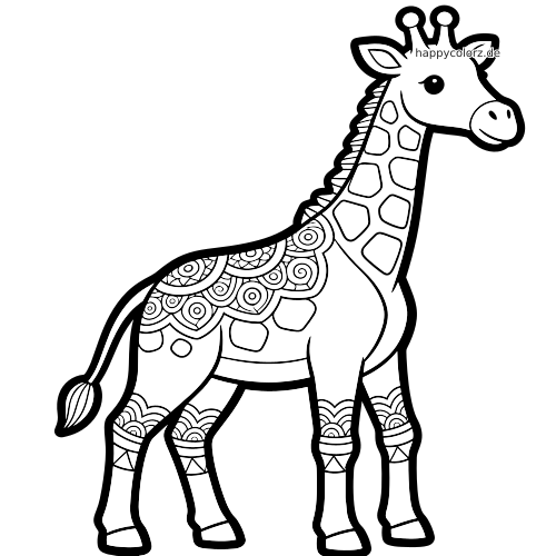 Eine stehende Giraffe mit dicken schwarzen Umrissen und Zentangle-Mustern auf Rücken, Beinen und am Körper.