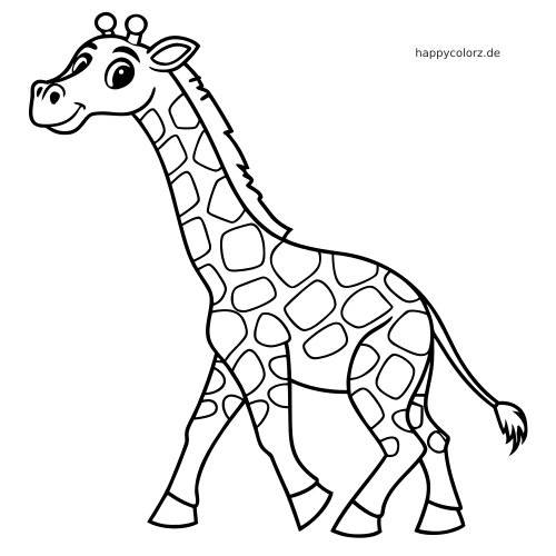 Eine kawaii Giraffe mit großen Augen und lächelndem Gesicht läuft als einfache schwarz-weiße Cartoon-Zeichnung.