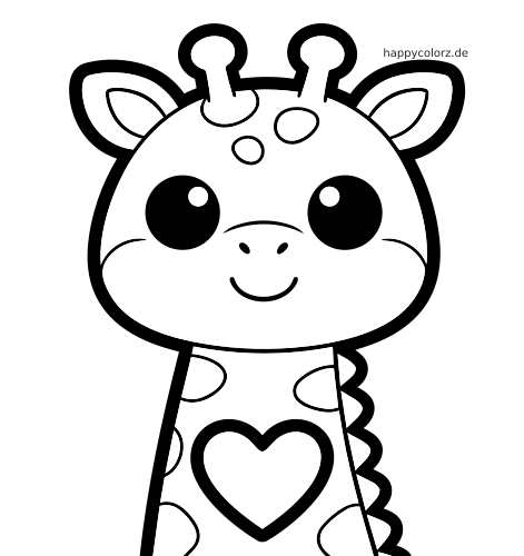 Ein Kawaii-Giraffenporträt mit großen runden Augen, kleinen Hörnchen, Flecken und einem Herz auf der Brust.