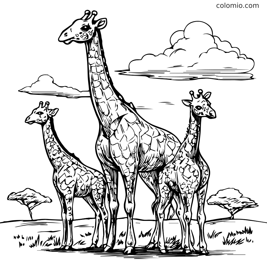Eine Malvorlage mit einer Familie von Giraffen, die zusammen in einer grasbewachsenen Landschaft mit Wolken stehen.