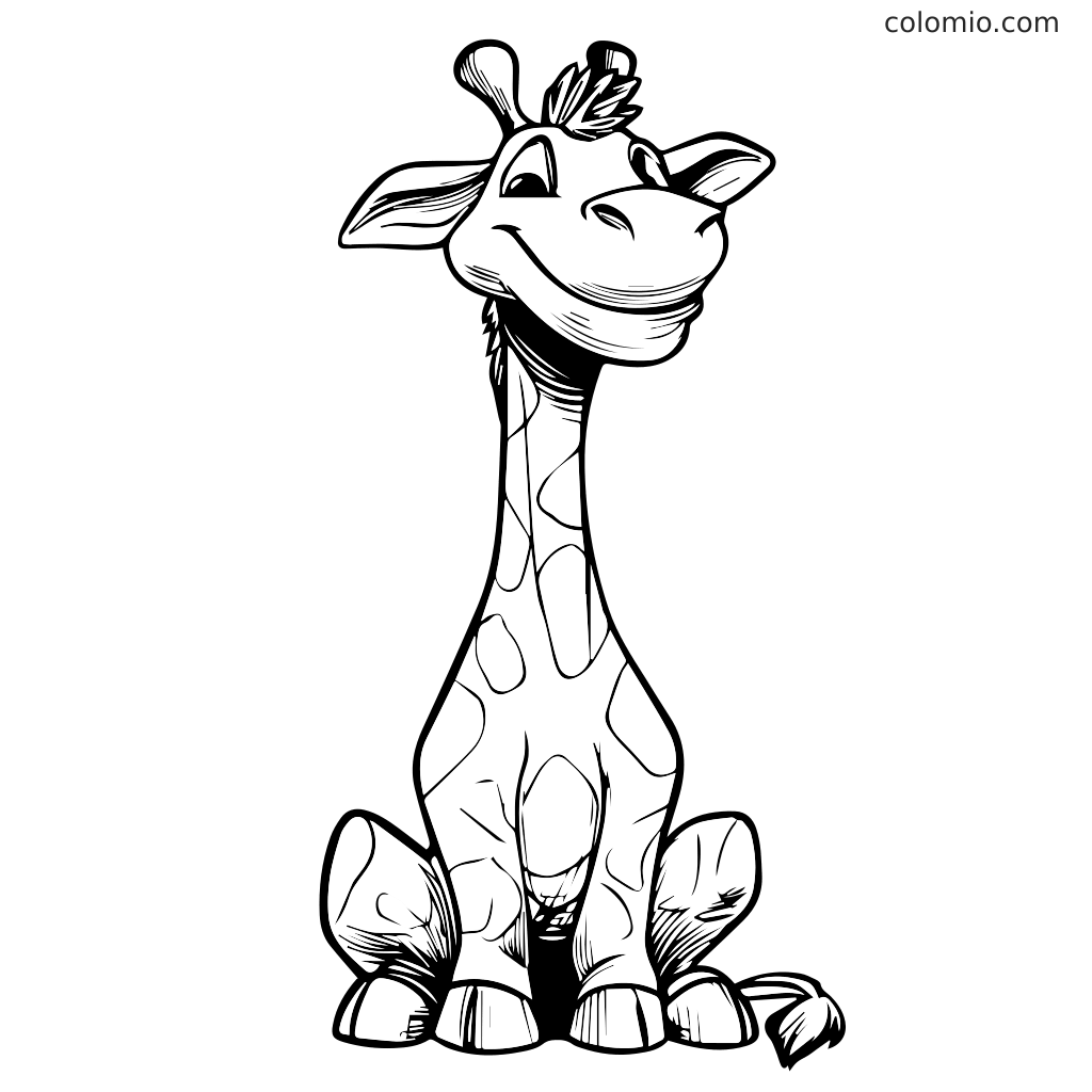 Eine cartoonartige Giraffe, die sitzt und mit großen Augen lächelt, perfekt für Ausmalaktivitäten.