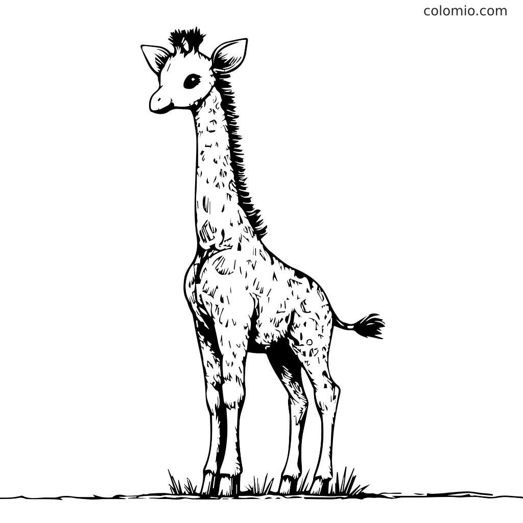 Eine niedliche Baby-Giraffe, die auf Gras steht, umrandet zum Ausmalen. Perfekt für Kinderaktivitäten.